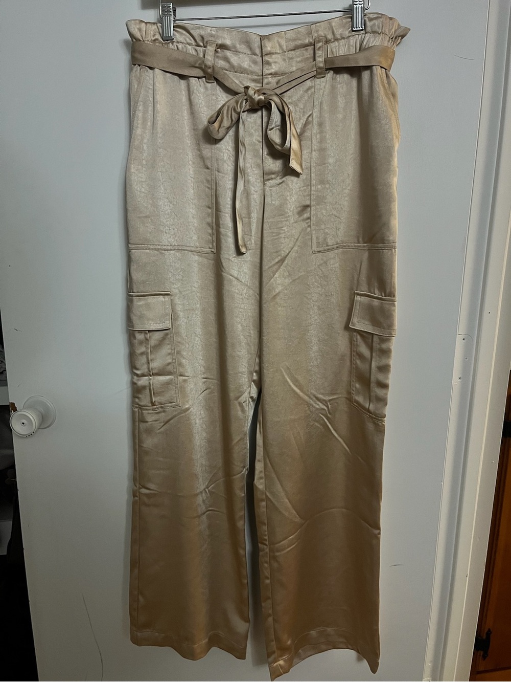Sanctuary Cream Satin Paperbag Tie-Waist Wide Leg Cargo Pants